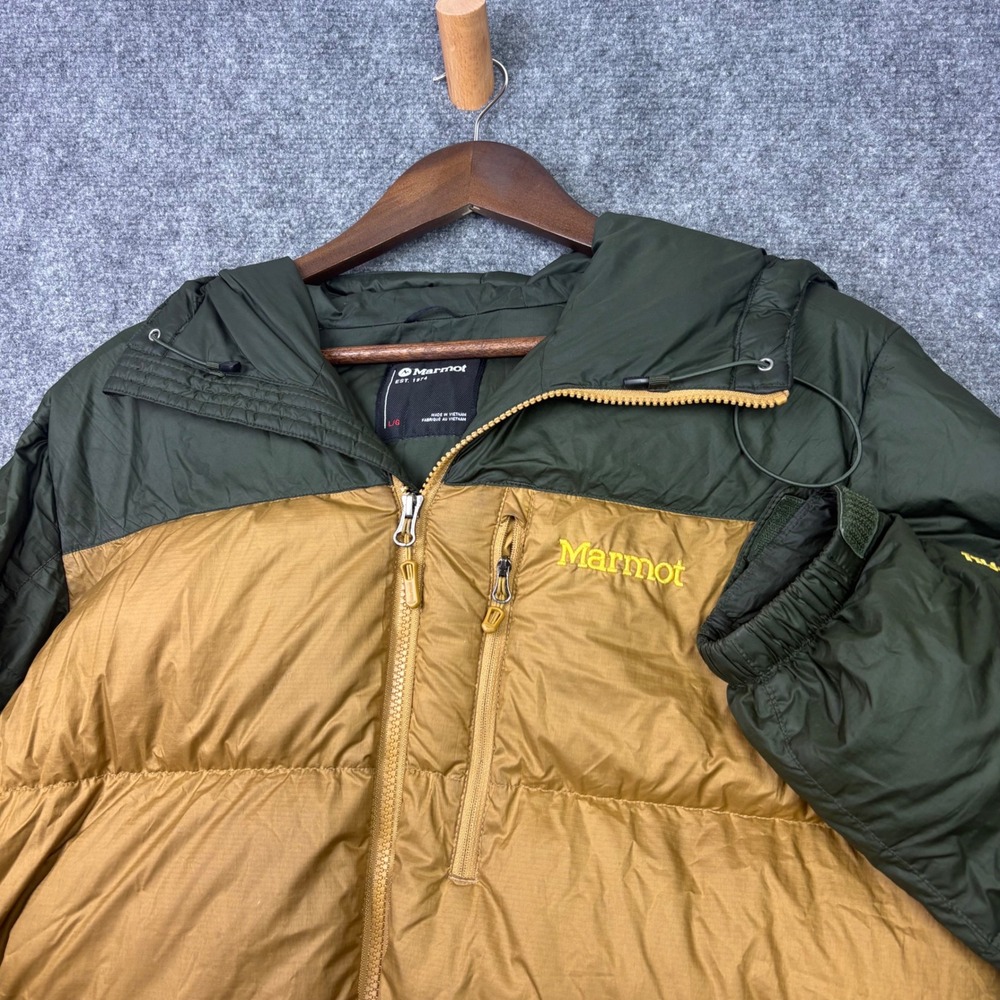 Marmot Guides Down Hoody Mens Large Green Tan 700-Fill Puffer Jacket 73060